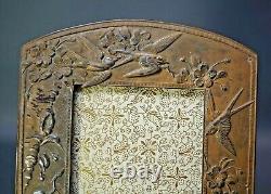 19c. Antique Japan Gild Pewter Photo Picture Portrait Desk Frame Swallow Blossom