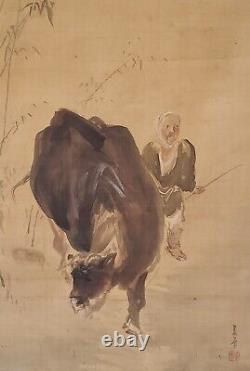 Japanese antique hanging scroll Famous Japanese painter Ryoka Grazing picture